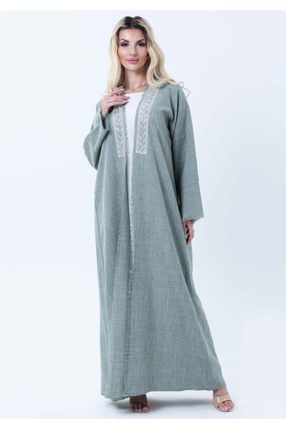 Msquare Fashion Sage Green Melange Linen Abaya with Intricate Lace Panel Detail