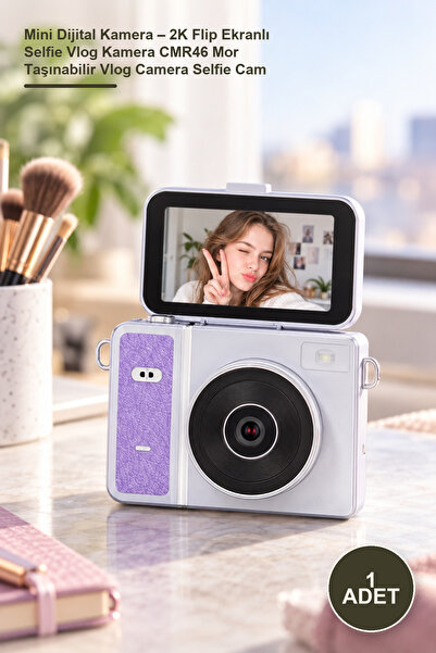 1 Adet Mini Dijital Kamera – 2K Flip Ekranlı Selfie Vlog Kamera CMR46 Mor Taşınabilir Vlog Camera Selfie Cam