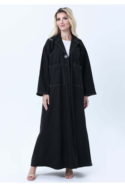Msquare Fashion Black Denim Abaya with Pockets & Sheila - Tailored Collar Design