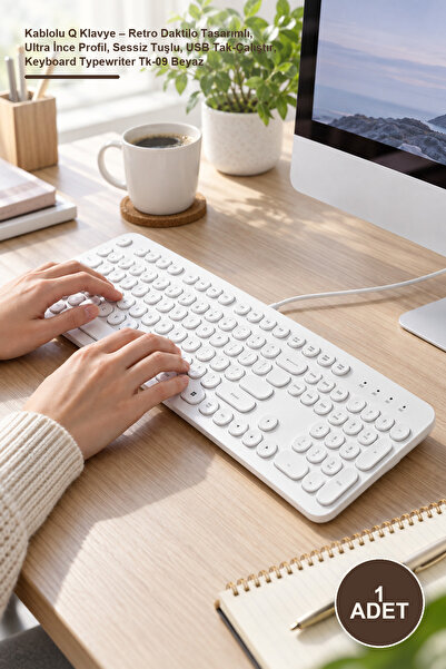 Yenilig 1 Adet Kablolu Q Klavye – Retro Daktilo Tasarımlı, Ultra İnce Profil, Sessiz Tuşlu, USB Tak-Çalıştır, Keyboard Typewriter Tk-09 Beyaz