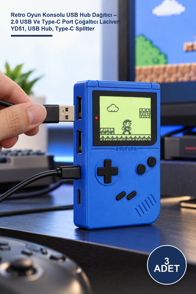 Yenilig 3 Adet Retro Oyun Konsolu USB Hub Dağıtıcı – 2.0 USB Ve Type-C Port Çoğaltıcı Lacivert YD51, USB Hub, Type-C Splitter
