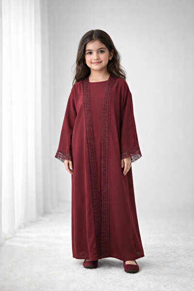 Msquare Fashion Maroon Nida Kids Abaya with Lace Front & Cuffs – Elegant Girl...