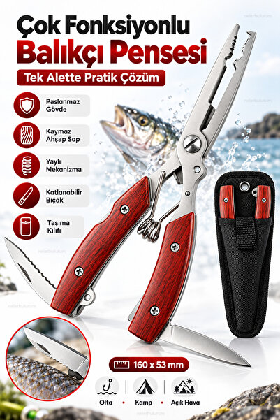 nelerbulurum Çok Fonksiyonlu Balıkçı Olta Pensesi 16 cm Misina Kesici Kanca Çıkarıcı Halka Açıcı Balık Pulu Temizleyici Katlanabilir Bıçaklı Kılıflı