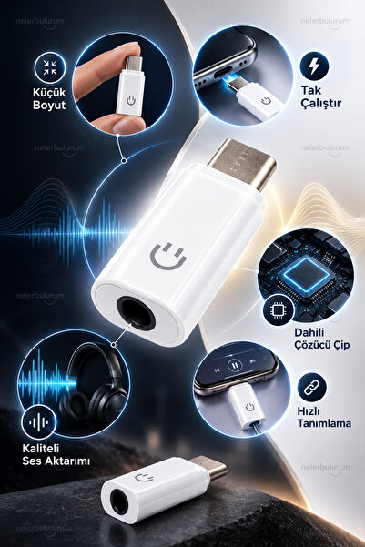 nelerbulurum Type-C to 3.5 mm AUX Kulaklık Dönüştürücü Adaptör DAC Çipli USB-C Ses Aparatı Tak Çalıştır Telefon Tablet Uyumlu Beyaz
