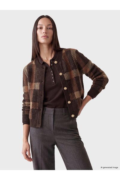 LC Waikiki Lcw Studio Brown Knitwear Plaid Short Women's Cardigan with Nevavm...