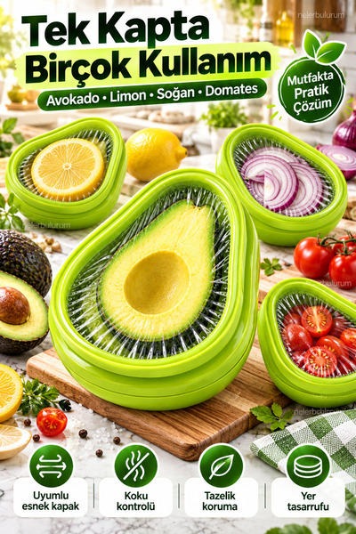 nelerbulurum Avakado Saklama Kabı Esnek Kapaklı Sebze Meyve Saklama Kabı – Avokado, Limon, Soğan, Domates İçin Hava Sızdırmaz Tazelik Koruyucu Buzdolabı Kabı