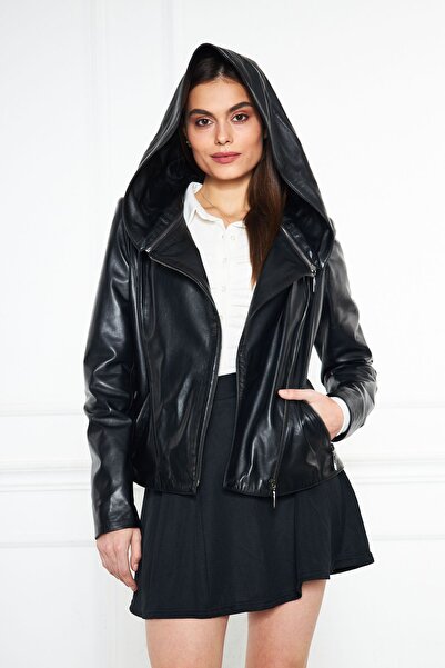 Blanco Women's Genuine Leather Jacket with Hood and Extra Dominant Collar