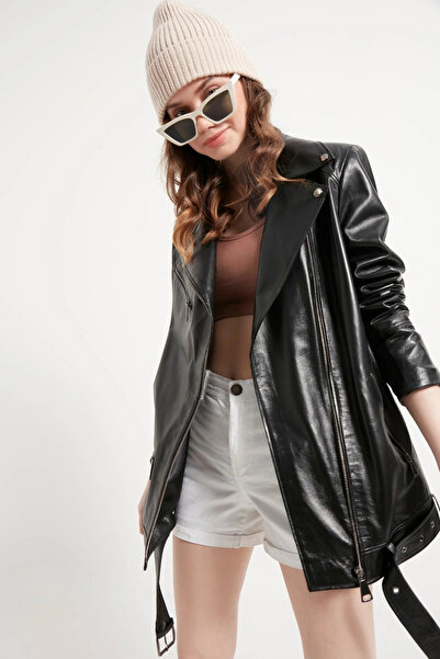 Blanco Women's Black Pocket Detailed Genuine Leather Jacket