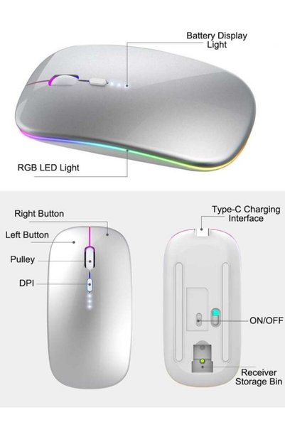 JOYUNIQ ماوس لاسلكي بتقنية LED RGB، بلوتوث 3.0/5.2 + USB، ماوس لاسلكي صامت قابل لإعادة الشحن بتردد 2.4 جيجاهرتز، ماوس كمبيوتر مع مستقبل USB