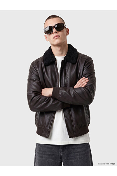 LC Waikiki Nevavm Xside Mürdüm Relax Fit Fur Collar Men's Leather Look Coat w...