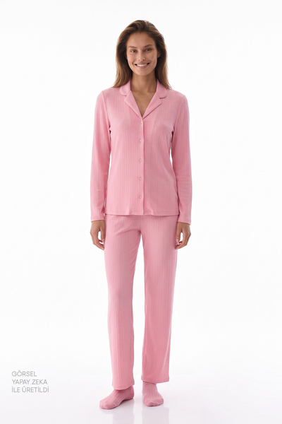 Penti Pembe Countryside Fitilli Uzun Kollu Gömlek Pantolon Pijama Takımı