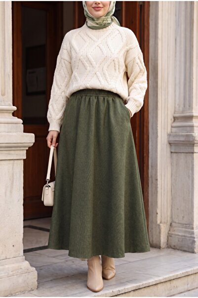 Modamorfo Elastic Waist Double Pocket Diagonal Skirt -Khaki
