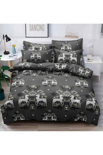JOJO HOME Set complet lenjerie de pat CRACIUN, cearceaf cu elastic pentru saltea 180x200cm, husa pilota 200x230, 2 fete de perna 50x70cm, 2 fete de perna 55x80cm