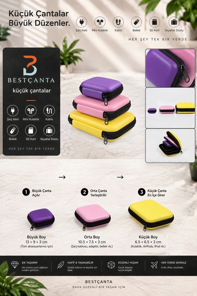 BestÇanta TrioShield Hard Case Organizer 3 lü Mini Çanta Set, Şarj Aleti, Min...