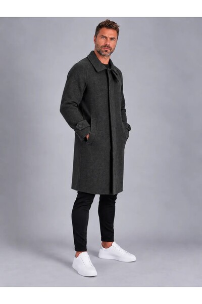 LudoWear Erkek Antrasit Gri Yün Karışımlı Kruvaze Uzun Oversize/Comfort Fit Kaşe Kaban