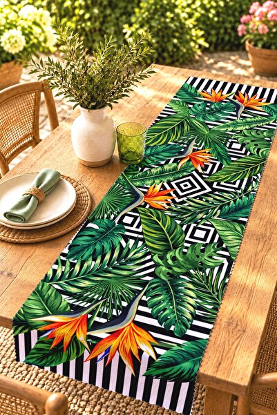 EVPANYA Green Botanical Patterned Runner / Tablecloth / Placemat