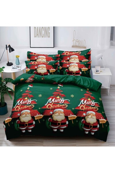 JOJO HOME Set complet lenjerie de pat CRACIUN, cearceaf cu elastic pentru saltea 180x200cm, husa pilota 200x230, 2 fete de perna 50x70cm, 2 fete de perna 55x80cm