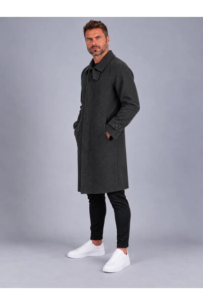 LudoWear Erkek Antrasit Gri Yün Karışımlı Kruvaze Uzun Oversize/Comfort Fit Kaşe Kaban