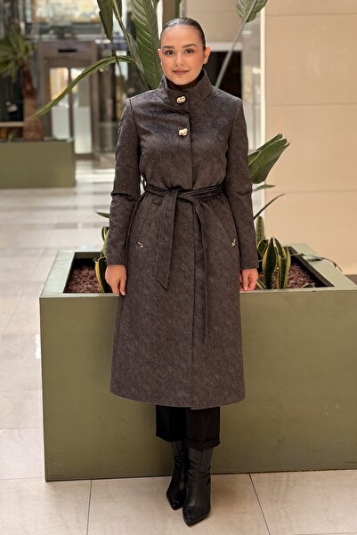 Matex High Collar Front Snap Belted Coat