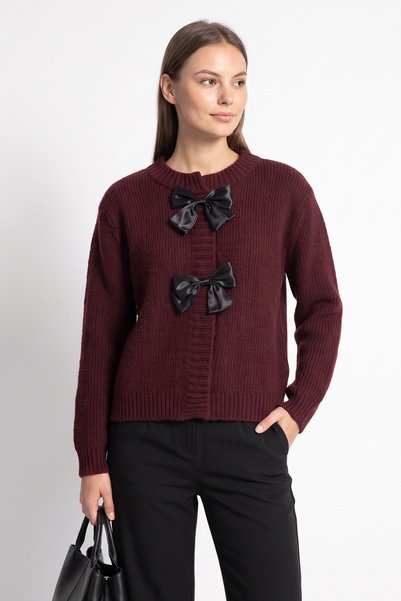 zenne Bow Detailed Knitwear Cardigan T2613 - Bordo