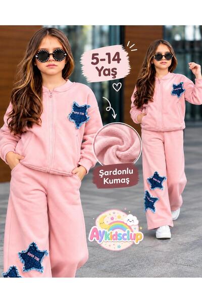 AYKİDSCLUP Kız Çocuk Kot Yıldız Detaylı Şardonlu Fermuarlı Sweatshirt ve Bol Paça Eşofman Takımı 43183 P-