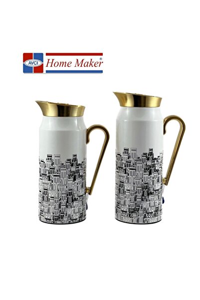 AVCI HOME MAKER 2-Piece Thermal Flask Set, 0.75L & 1L, White / Black / Gold