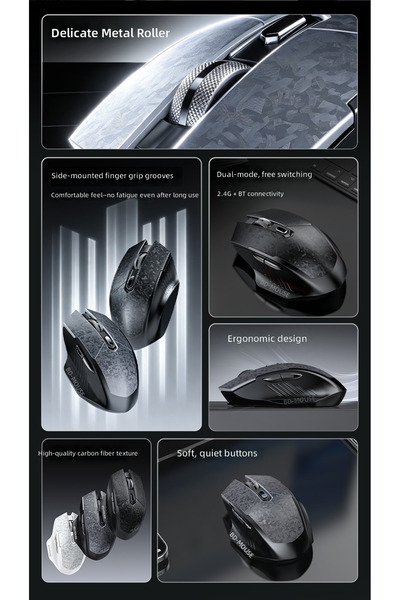 JOYUNIQ ماوس ألعاب لاسلكي M400، وضع مزدوج 2.4G وبلوتوث، قابل لإعادة الشحن بمنفذ Type-C، قابل للتعديل من 800 إلى 3200 نقطة في البوصة، نقر صامت، ماوس ألعاب مريح بتصميم كربوني للكمبيوتر المحمول والكمبيوتر الشخصي