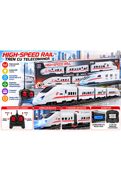 Generic Brand Tren de mare viteză cu telecomandă, 4 vagoane, lumini LED, depl...