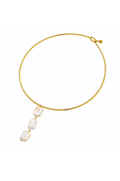 YVA Jewelry Colier rigid din inox placat cu aur și perle naturale "Naida"
