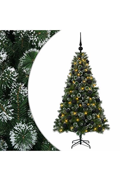 vidaxl Brad artificial cu globuri 120 cm 150 LED-uri Alb cald
