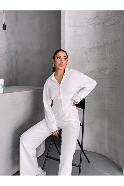 Cool & Sexy Women's Modal Fabric Zippered Crop Sweatshirt and Wide Leg Pants 2-Piece Set