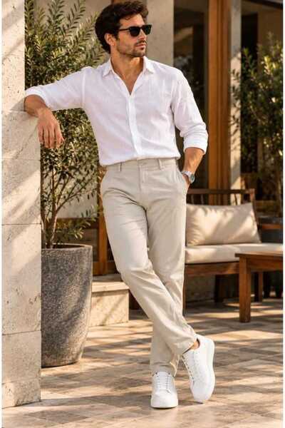 CALEMORE Men's Linen Look Beige Trousers
