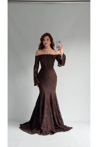 ayşenur Dinçer butik Juliette Dantel Abiye Kahverengi