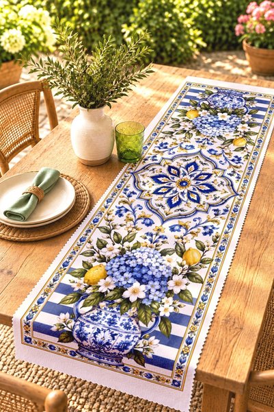 EVPANYA Spring Tile Lemons Patterned Runner/Tablecloth/Placemat