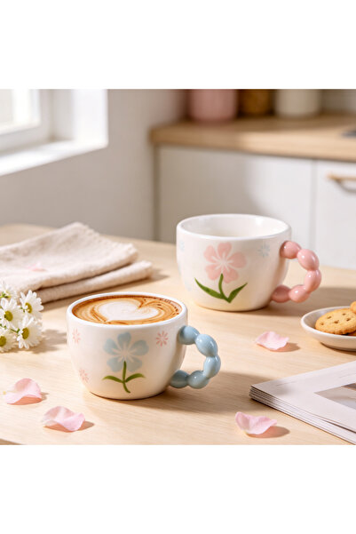 idei Cana ceramica cu model floral, mâner sub formă de mărgele, 350ml, înălți...