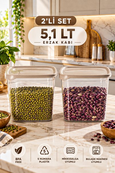 Porsima 0975 2'li Kare Erzak Saklama Kabı Seti 5,1 LT Cafe Latte - Şeffaf Bakliyat, Deterjan & Mutfak Düzenleyici Kutu