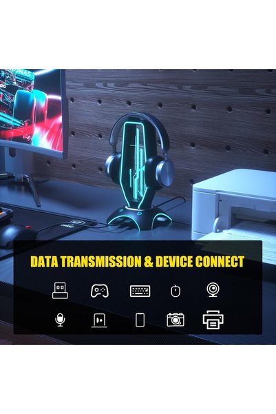 Generic حامل سماعات الألعاب RGB مع محور USB 2.0 بثلاثة منافذ، حامل سماعات عالمي مع 6 أوضاع ألوان وإضاءة متنفسة، قاعدة غير قابلة للانزلاق وكابل بطول 1.5 متر، إكسسوارات سطح المكتب وهدايا للاعبين