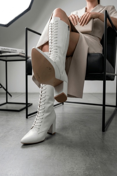 DİVOLYA Miley White Matte Lace-Up Zippered (8 cm Heel Length) Daily Use Boots