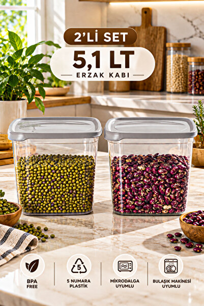 Porsima 0975 2'li Kare Erzak Saklama Kabı Seti 5,1 LT Cool Gri - Şeffaf Bakliyat, Deterjan & Mutfak Düzenleyici Kutu