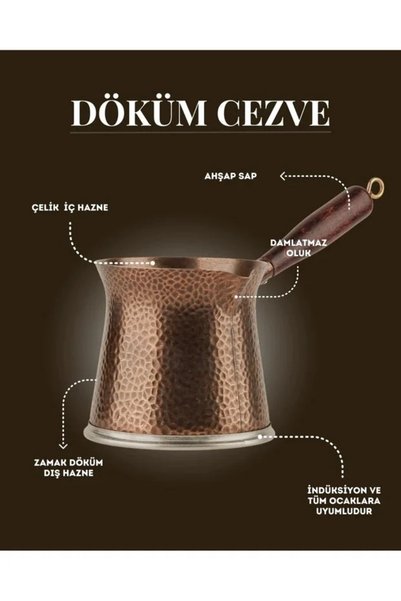 Elista Telveli 6-Person Cast Iron Coffee Pot with Wooden Handle - 500 ml Copper, Compatible with Induction Cookers