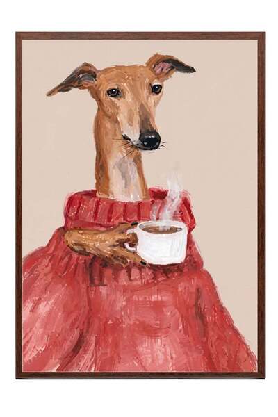 Postifull Coffee-Drinking Dog Poster – Brown Framed Artwork No:180278