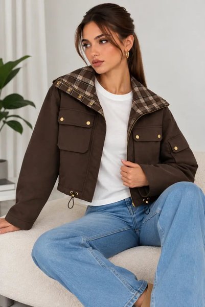 Cool & Sexy Kadın Ekose Yaka Detaylı Cepli Fermuarlı Kısa Mevsimlik Ceket
