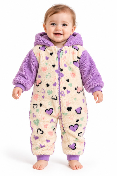 bsluna Kız Bebek Kapüşonlu Peluş Tulum – Mor Kalp Desenli