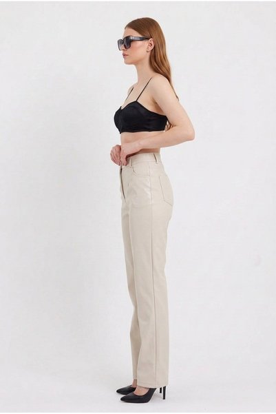 MRS.MODA Women's Cream Colored Belted Leather Trousers