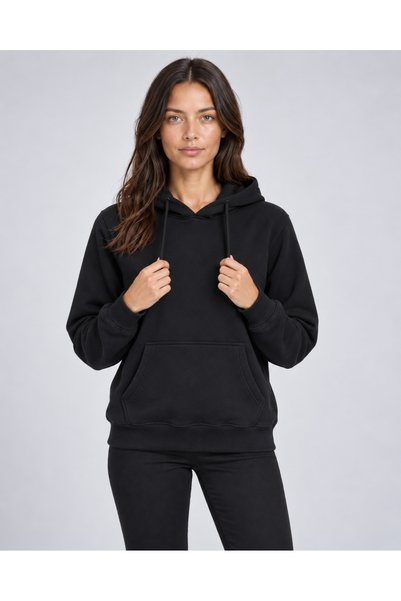 Freemen Kadın Siyah Kapüşonlu Cepli Basic Slim Fit Sweatshirt