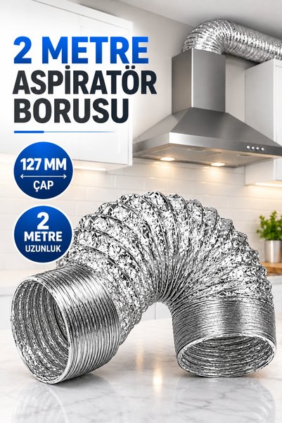 Alıç Aspiratör Davlumbaz Borusu 127 mm Çap 2 Metre Esnek Alüminyum Havalandır...