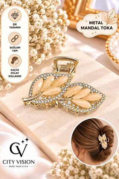 cityvision Leaf Model Stone Cream Color Metal Hair Clip - Medium Size - Styli...