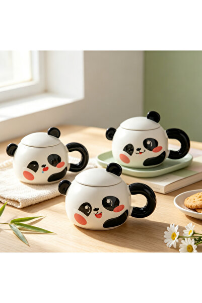 idei Cana ceramica drăguță cu capac și mâner rotund, model panda 3D, 400ml, î...