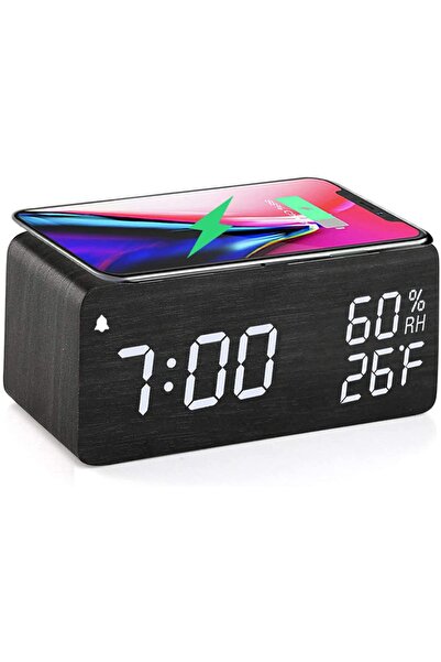 Noonedibs Ceas deșteptător digital din lemn cu încărcare wireless, afișaj LED...