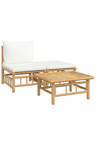 vidaxl Set mobilier de grădină, cu perne alb crem, 3 piese, bambus